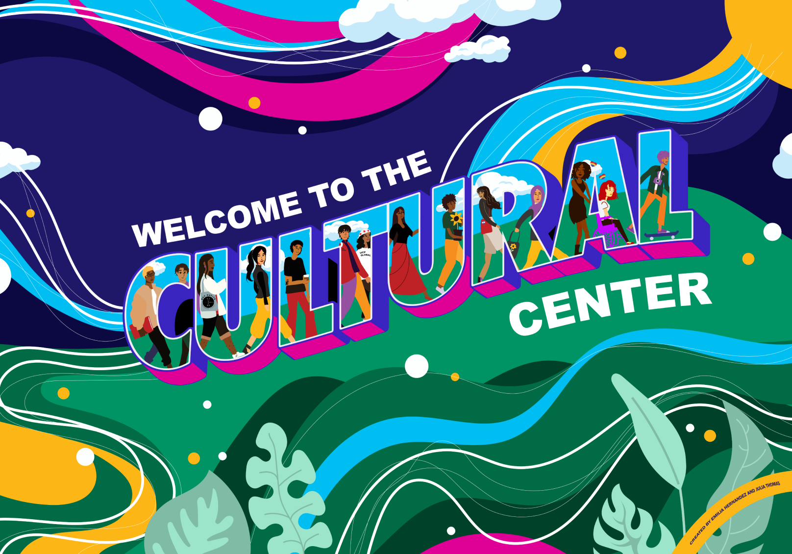 full image of mural - welcome to the cultural center with character walking